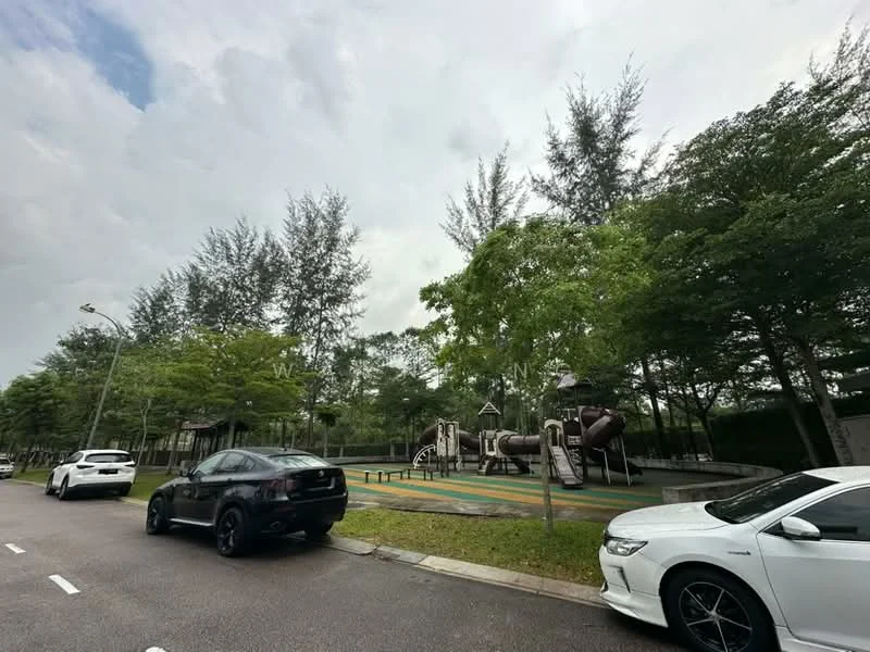 Exterior type: landscape garden; features: children's playground with slides and climbing structures, manicured lawn, mature trees, paved walkway, open-air parking lot, street lighting, surrounded by greenery; style: modern.