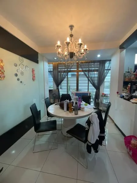 Dining features: round dining table, white tabletop, black dining chairs, chandelier with multiple bulbs, grey curtains, tile flooring, decorative wall plates, wall-mounted decor, open shelving with kitchen items; style: modern.