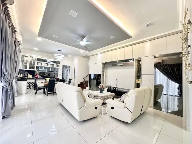 Living features: white leather sofa, coffee table, recessed ceiling with LED lighting, grey accent wall, large windows with sheer curtains, polished ceramic tile flooring, ceiling fan, wall-mounted TV, built-in cabinetry, decorative wall panel, area rug with geometric pattern; style: modern. Dining features: 6-seater dining table, upholstered dining chairs, open kitchen layout, built-in cabinets, pendant lighting above dining table; style: modern.