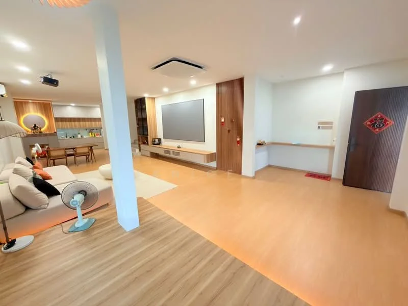 Living features: light wood flooring, white painted walls, recessed downlights, ceiling-mounted air conditioning unit, 3-seater fabric sofa in beige, coffee table, TV console, wall-mounted TV, built-in shelving, decorative wall art, floor fan; style: modern. Room features: light wood flooring, white painted walls, door with security features, wall-mounted intercom, small entryway table.