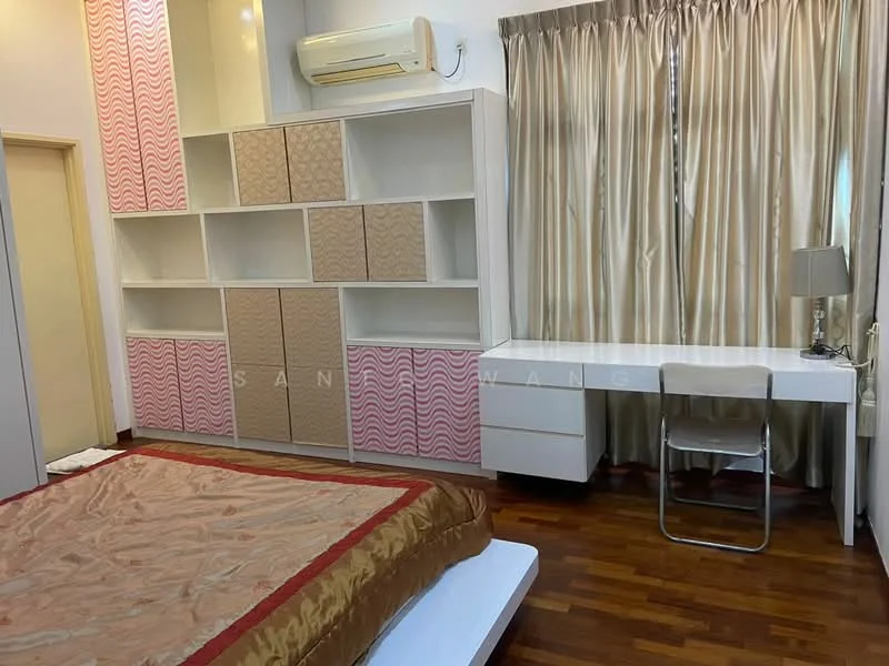 Bedroom features: queen-size bed with beige bedding, wooden flooring, built-in wardrobe with patterned doors, white desk with chair, table lamp, curtains in light beige, wall-mounted air conditioning unit, decorative wall paneling; style: modern.