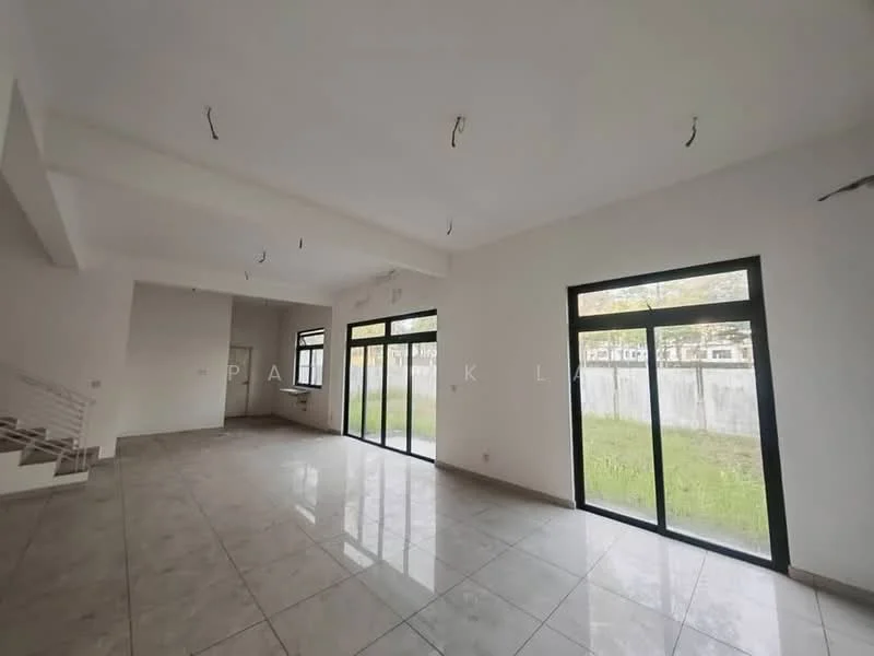 Room features: white painted walls, grey tiled flooring, large floor-to-ceiling windows, multiple light fixtures, open layout, sliding glass doors, view of outdoor space, high ceiling; style: modern; view: garden.