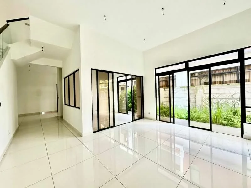Living features: white painted walls, polished ceramic tile flooring, floor-to-ceiling windows, sliding glass door, natural light, open layout, high ceiling, recessed downlights; style: modern; view: garden. Hallway features: white painted walls, polished ceramic tile flooring, natural light; style: modern.