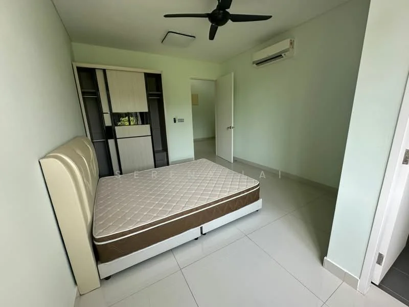 Bedroom features: queen-size bed, upholstered headboard, built-in wardrobe, wall-mounted split AC, ceiling fan, light grey painted walls, white tiled flooring, window with view, door leading to hallway; style: modern.