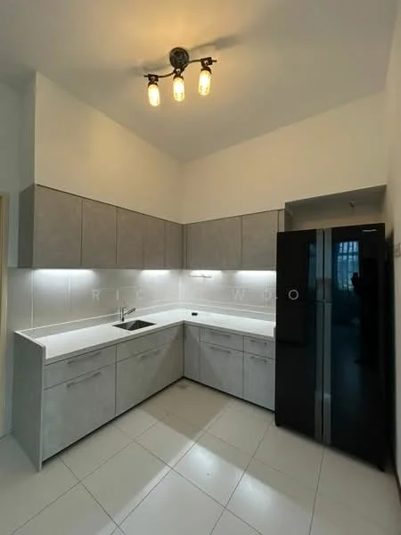 Kitchen features: L-shaped kitchen layout, grey cabinetry with flat-panel design, white quartz countertop, single-bowl stainless-steel sink, chrome pull-down faucet, black refrigerator, recessed LED downlights, white tiled flooring, wall-mounted cabinets, under-cabinet lighting; style: modern.