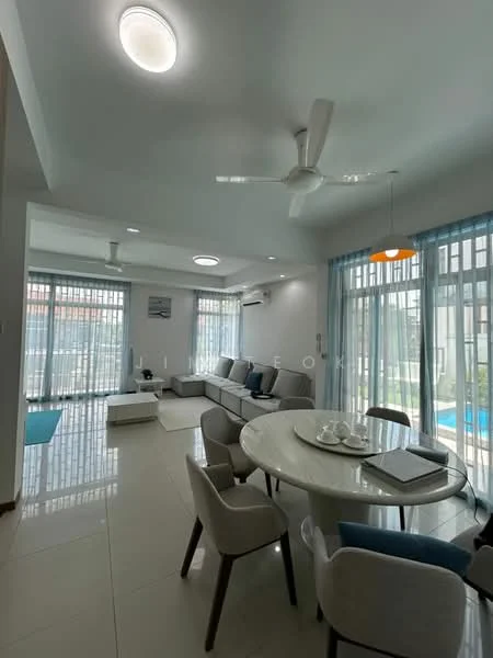Living features: white painted walls, recessed ceiling lights, 5-blade ceiling fan with light, floor-to-ceiling windows, sliding glass door, light blue sheer curtains, grey sectional sofa, round dining table, upholstered dining chairs, decorative bowl on table, area rug, wall-mounted air conditioning unit; style: modern; view: garden.