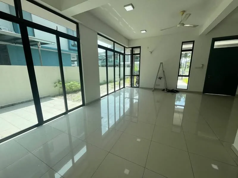 Room features: large floor-to-ceiling windows, sliding glass door, white painted walls, polished ceramic tile flooring, ceiling fan, recessed downlights, natural light flooding in, view of outdoor space; style: modern; view: garden.