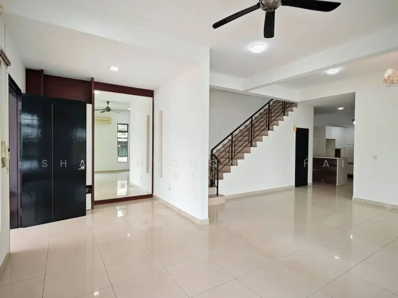 Living features: white painted walls, glossy tile flooring, ceiling fan, staircase with metal railing, large windows for natural light, open layout, neutral color scheme, recessed lighting; style: modern. Room features: white painted walls, glossy tile flooring, ceiling fan, large windows for natural light, open layout, neutral color scheme, recessed lighting.