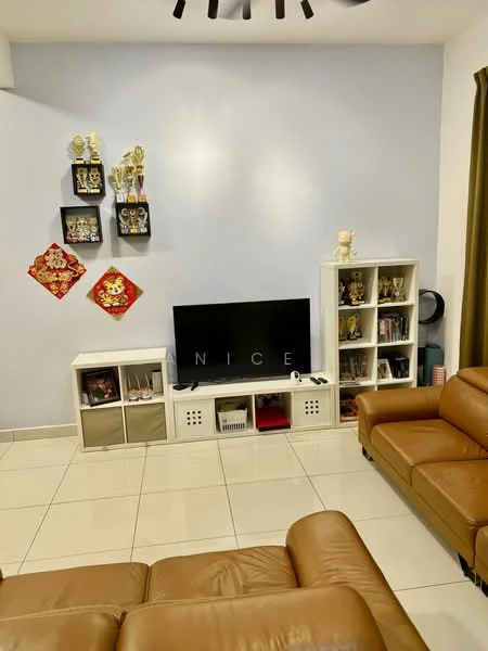 Living features: light blue painted walls, white tiled flooring, 3-seater brown leather sofa, 2-seater brown leather sofa, wall-mounted flat-screen TV, TV console with storage, white shelving unit with decorative items, decorative trophies on wall, red wall decorations, ceiling fan; style: contemporary.