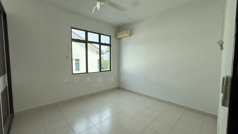 Room features: white painted walls, tile flooring, floor-to-ceiling windows, 1 wall-mounted split AC, ceiling fan, natural light from windows, neutral color scheme; style: modern; view: garden.