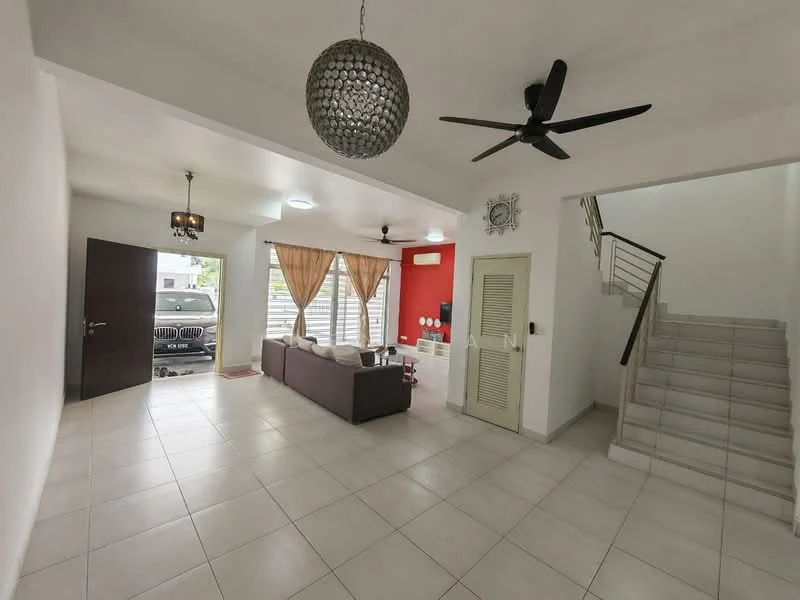 Living features: white painted walls, cream tiled flooring, 5-blade ceiling fan with light, 2-seater fabric sofa in grey, 3-seater fabric sofa in grey, coffee table, curtains in beige, wall-mounted clock, decorative wall with red paint, floor-to-ceiling windows, door leading to exterior, staircase leading to upper floor; style: modern.