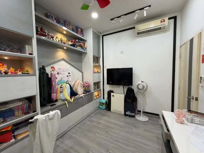 Room features: light grey laminate flooring, white painted walls, built-in shelving unit with display lights, wall-mounted TV, air conditioning unit, ceiling fan with 3 blades, white desk, decorative items on shelves, various bags and personal items, floor fan, spotlights on ceiling; style: modern.