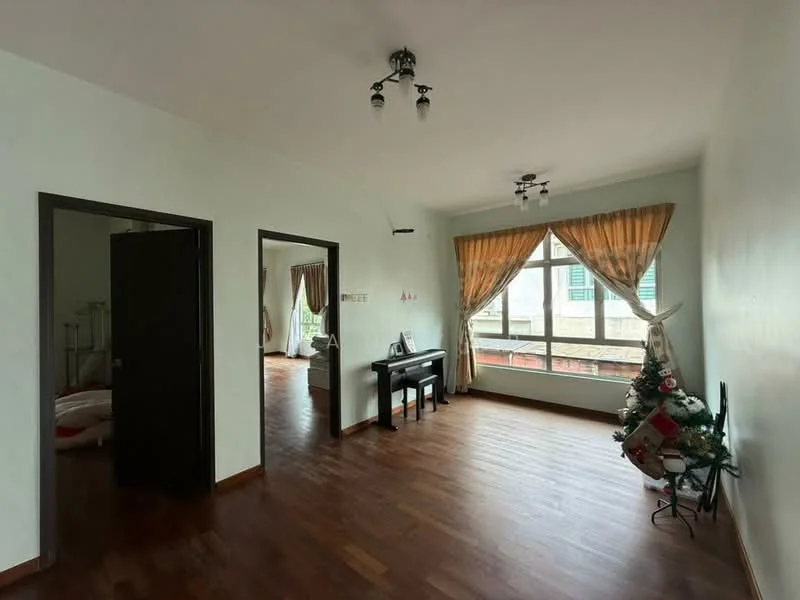 Living features: wood flooring, white painted walls, large windows with sheer curtains, ceiling light fixture, decorative wall-mounted TV, piano, Christmas tree, open layout, natural light, corner sofa, dining area visible in background; style: modern; view: garden. Room features: door leading to another room, additional window, neutral color scheme.
