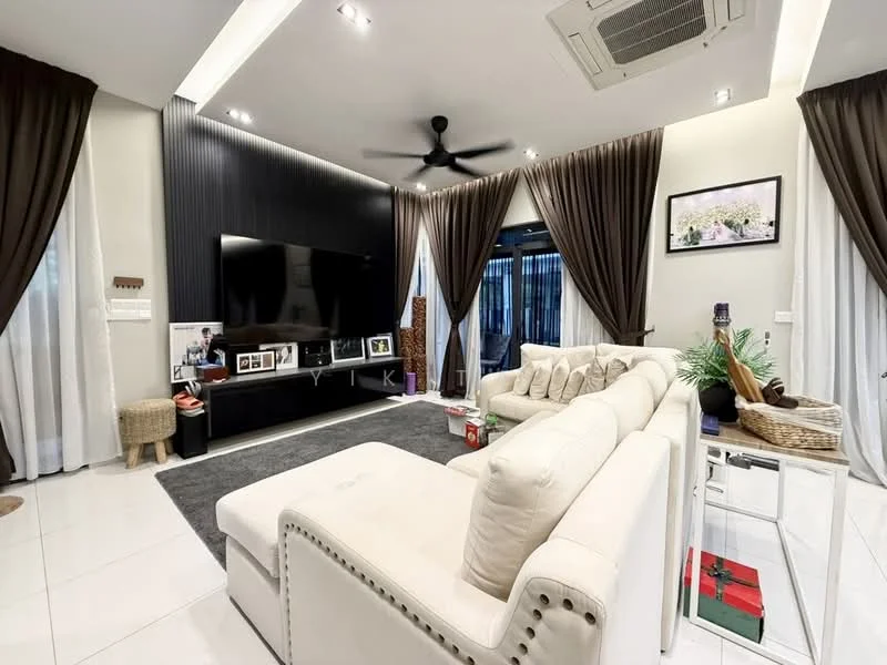 Living features: white fabric sofa, 3-seater sofa, grey area rug, black TV console, wall-mounted flat-screen TV, ceiling fan, recessed downlights, floor-to-ceiling windows, sheer curtains, dark brown curtains, decorative wall paneling, coffee table, decorative plants, framed artwork on walls; style: modern.