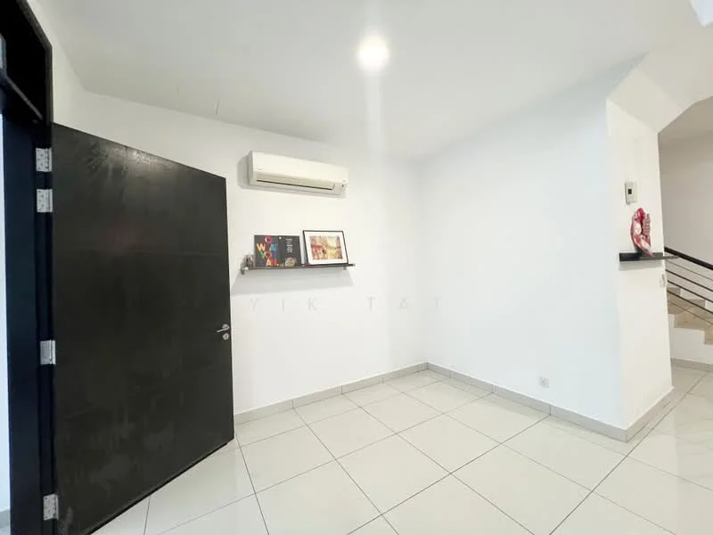 Room features: white painted walls, tile flooring, 1 wall-mounted split AC, black door, framed artwork on wall, light switch, staircase visible in background; style: modern.