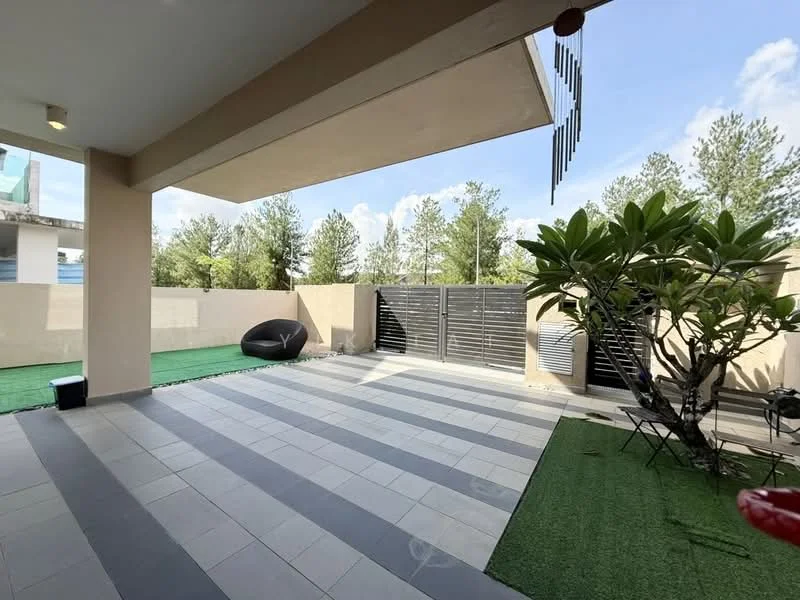 Exterior features: paved flooring, artificial grass, decorative plants, fence, outdoor seating, open space, sunny sky, greenery in background; style: modern.