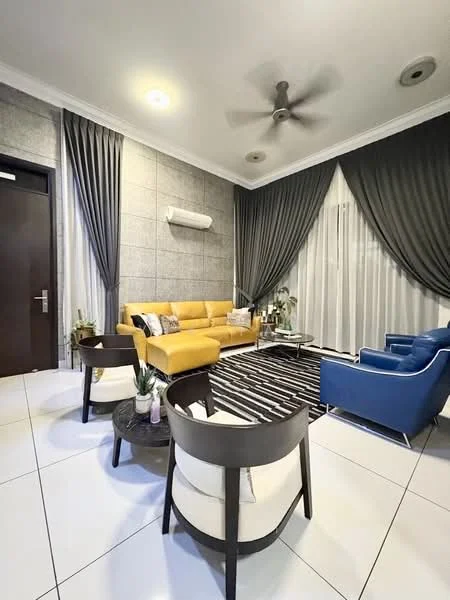 Living features: yellow leather sofa, blue upholstered armchair, black and white striped area rug, white ceramic coffee table, 5-blade ceiling fan with light, grey textured wall, floor-to-ceiling sheer curtains, wall-mounted air conditioning unit, decorative houseplants, dark wood door, recessed ceiling lights, black accent pillows; style: modern.