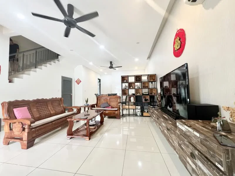 Living features: white painted walls, glossy white tile flooring, 5-blade ceiling fan, 2-seater wooden sofa, 3-seater wooden sofa, wooden coffee table, TV console with storage, wall-mounted TV, decorative wall art, open layout, natural light from windows, staircase visible in background; style: modern.