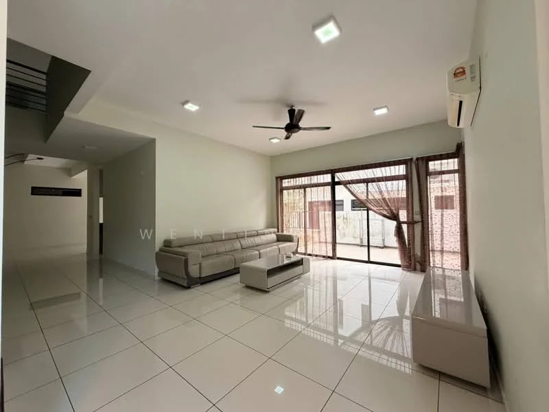 Living features: 3-seater leather sofa in light grey, coffee table, wall-mounted TV console, floor-to-ceiling windows, sliding glass door, white painted walls, polished ceramic tile flooring, ceiling fan with light, recessed LED downlights, sheer curtains, air conditioning unit; style: modern; view: garden.