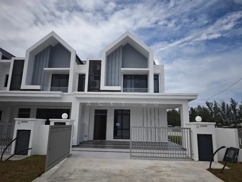 Exterior type: linked terrace house; features: white painted facade, grey accent panels, pitched roof, recessed balconies, manicured lawn, concrete driveway, fenced front yard, modern lighting fixtures, double-volume main entrance, surrounded by greenery; style: modern.