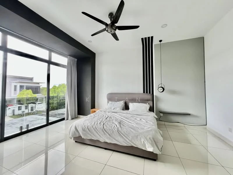 Bedroom features: king-size bed with grey upholstered headboard, white bedding, 5-blade ceiling fan with light, floor-to-ceiling windows, sliding glass door, grey accent wall, white painted walls, glossy tile flooring, decorative pendant light, nightstand, built-in shelf; style: modern; view: garden.