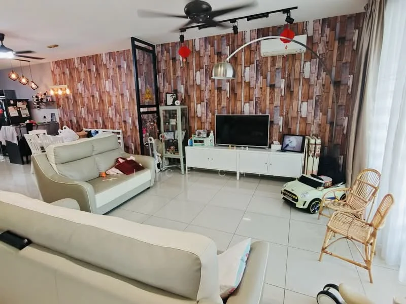 Living features: light grey leather sofa, white TV console, wall-mounted TV, wood accent wall with vertical panels, cream tiled flooring, ceiling fan with light, decorative pendant light, rattan chair, children's toy car, decorative wall art, air conditioning unit, open layout to dining area; style: modern.
