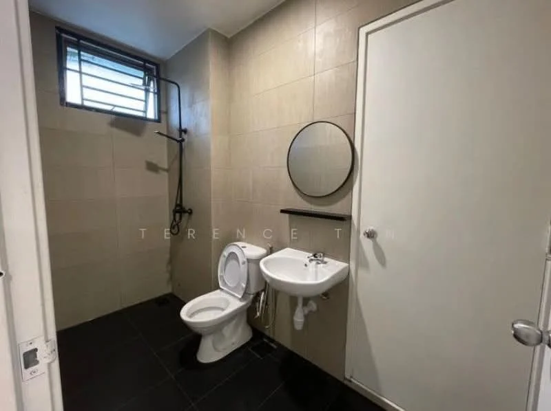 Bathroom features: shower with wall-mounted faucet, round mirror, white sink, toilet, black floor tiles, beige wall tiles, black wall shelf, window with metal grille; style: modern.