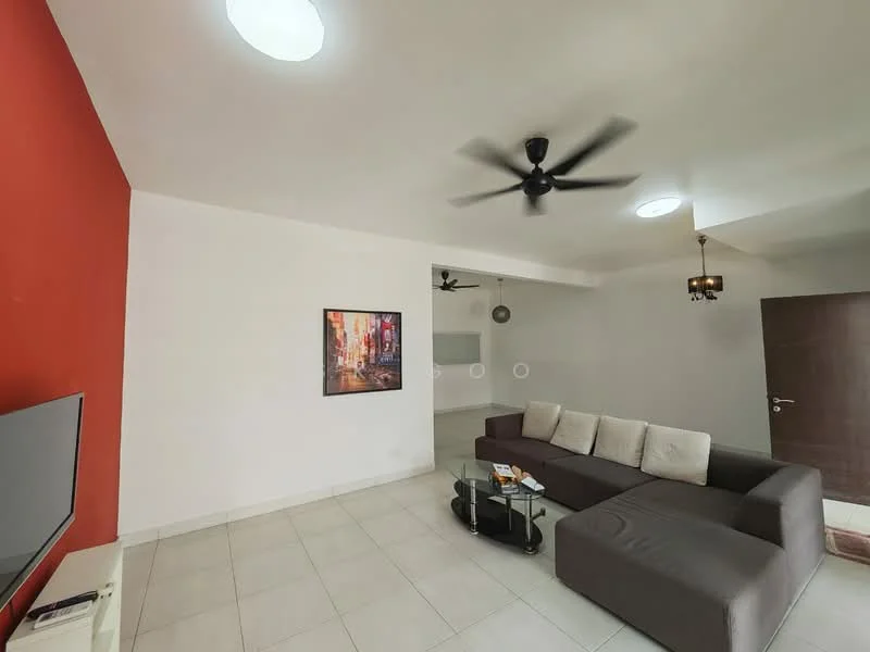 Living features: L-shape sectional sofa in grey, glass coffee table, wall-mounted TV, white painted walls, red accent wall, recessed downlights, 5-blade ceiling fan, decorative wall art, tile flooring; style: modern.