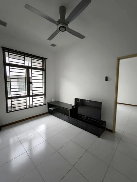 Living features: white painted walls, white tiled flooring, 5-blade ceiling fan with light, floor-to-ceiling window with grilles, black TV console, wall-mounted TV, natural light from window; style: modern.