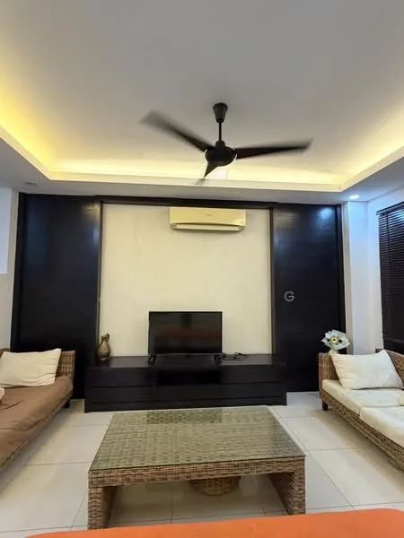 Living features: 5-blade ceiling fan with integrated LED light, wall-mounted TV, dark wood TV console, light-colored sofa with cushions, woven coffee table, white tiled flooring, recessed ceiling lighting, air conditioning unit, decorative wall paneling, large windows with blinds; style: modern.