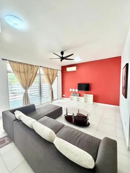 Living features: grey fabric sofa with white cushions, round glass coffee table, wall-mounted TV, white TV console, red accent wall, cream curtains, floor-to-ceiling windows, ceiling fan with light, white tiled flooring, air conditioning unit; style: modern.