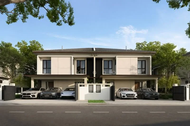 Exterior type: linked terrace house; features: cream painted facade, flat roof, two-storey building, manicured lawn, driveway with interlocking pavers, multiple car porch, guard house at entrance, surrounded by mature greenery; style: modern.