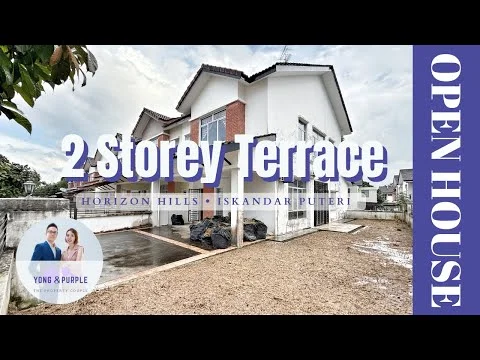 Exterior type: 2-storey terrace house; features: white painted facade, red brick accents, flat roof, gravel driveway, manicured lawn, surrounding greenery, open space in front, two-storey structure; style: modern.