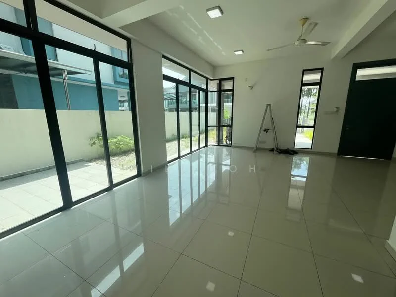 Room features: large floor-to-ceiling windows, sliding glass door, white painted walls, polished ceramic tile flooring, ceiling fan, recessed downlights, natural light from windows, view of outdoor area; style: modern; view: garden.