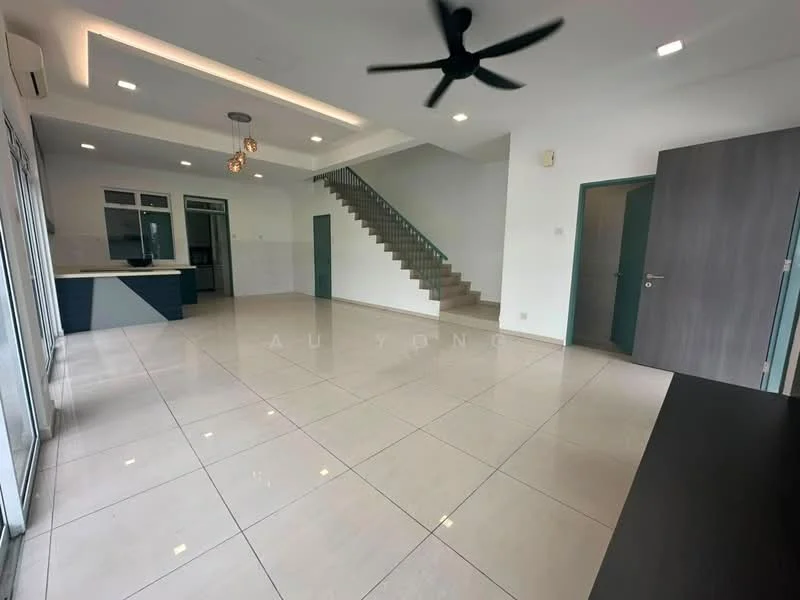 Living features: large floor-to-ceiling windows, sliding glass door, white painted walls, polished ceramic tile flooring, 5-blade ceiling fan with light, recessed downlights, open layout, staircase with modern railing, wall-mounted air conditioning unit, neutral color palette; style: modern. Kitchen features: kitchen island, blue cabinetry, white countertops, built-in appliances, open layout to living area; style: modern.
