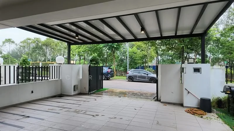 Exterior type: car porch; features: covered car porch with metal roofing, paved flooring, white painted walls, security gate, landscaped greenery, outdoor lighting fixtures, driveway leading to street; style: modern.