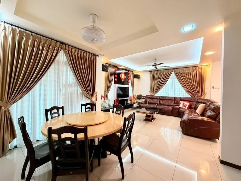 Living features: brown leather sectional sofa, 3-seater brown leather sofa, round wooden dining table, 6 wooden dining chairs, white ceiling with recessed lighting, ceiling fan with light, floor-to-ceiling windows with sheer curtains, brown drapes, tile flooring, wall-mounted TV, decorative wall art, decorative plants; style: contemporary.