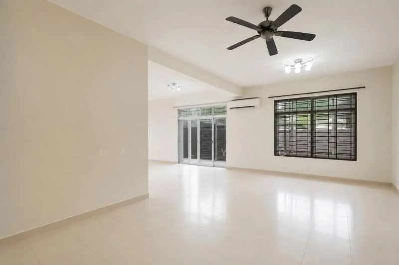 Living features: cream painted walls, tile flooring, 5-blade ceiling fan with light, recessed downlights, floor-to-ceiling windows, sliding glass door, blackout curtains, wall-mounted split AC; style: modern; view: garden.