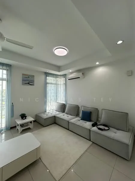 Living features: L-shape sectional sofa in grey, white coffee table, area rug, floor-to-ceiling windows, sheer curtains, recessed LED downlights, ceiling fan, wall-mounted split AC, white painted walls, glossy tile flooring; style: modern; view: city.