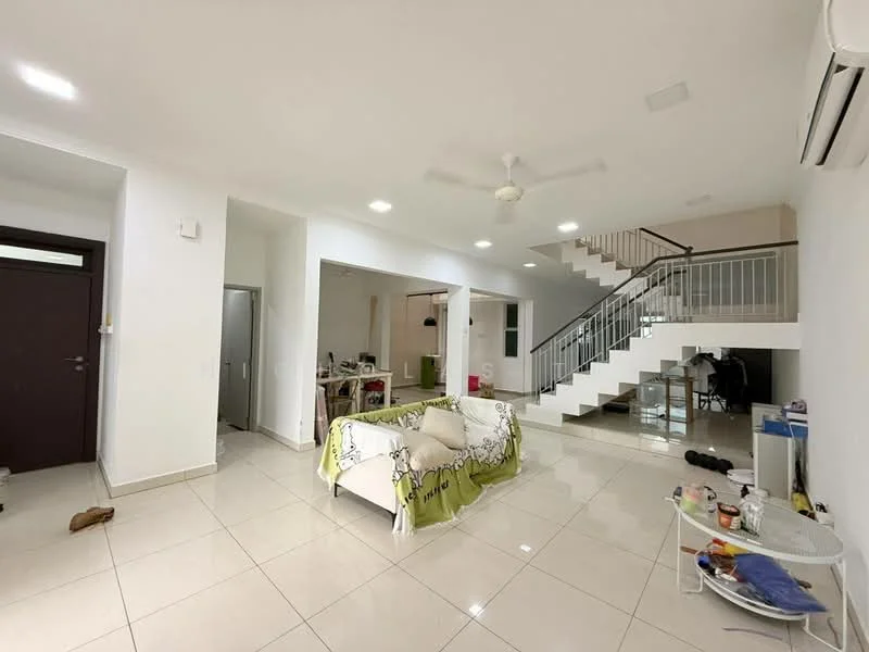 Living features: white painted walls, glossy ceramic tile flooring, 5-blade ceiling fan with light, floor-to-ceiling windows, sliding glass door, open layout, staircase with metal railing, recessed downlights, sofa with green throw, coffee table, decorative items on floor; style: modern. Room features: white painted walls, glossy ceramic tile flooring, recessed downlights.