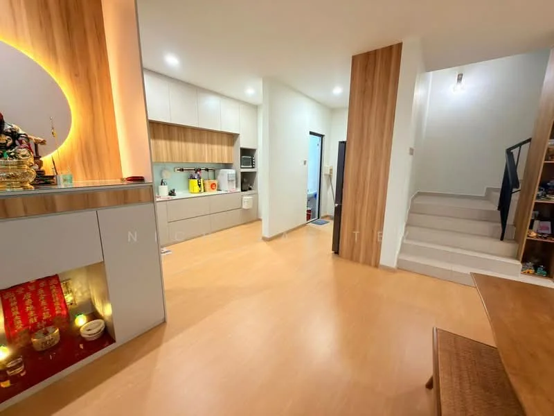 Kitchen features: light wood cabinetry, white countertop, built-in microwave, stainless-steel fridge, stainless-steel sink, chrome pull-down faucet, ceramic tile flooring, recessed downlights, open shelving, decorative altar, kettle, toaster; style: modern. Hallway features: light wood paneling, staircase with black railing, white walls, laminate flooring, recessed lighting; style: modern.