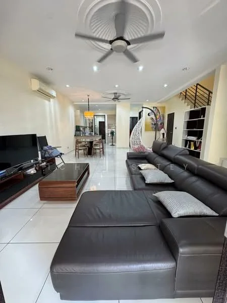Living features: L-shape sectional sofa in dark brown leather, coffee table, wall-mounted TV, TV console, 5-blade ceiling fan with light, recessed LED downlights, white painted walls, polished tile flooring, decorative wall art, open layout to dining area, air conditioning unit; style: modern.