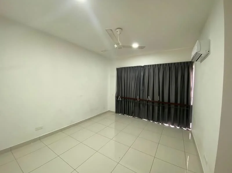 Room features: white painted walls, tile flooring, ceiling fan, wall-mounted split AC, floor-to-ceiling windows with black curtains.