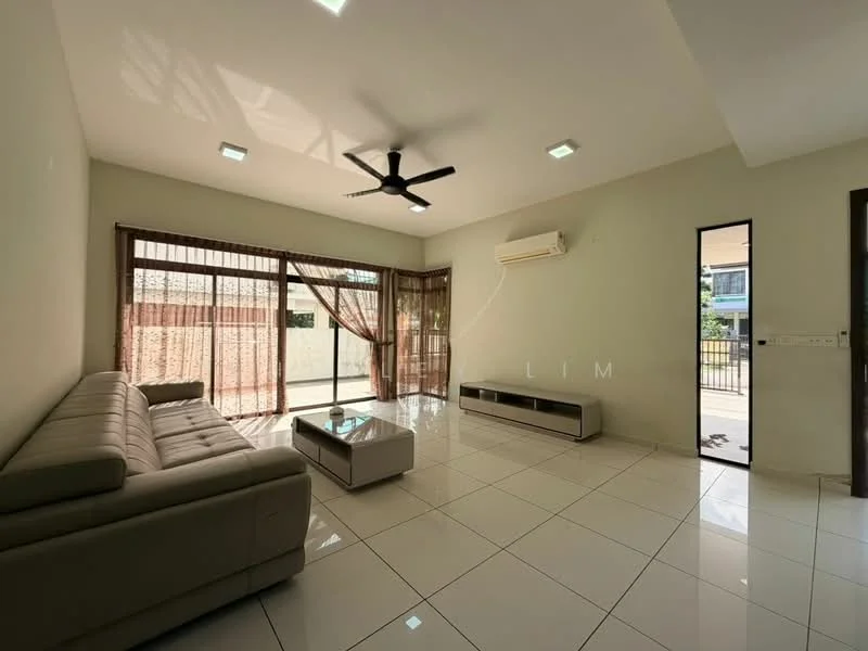 Living features: 3-seater fabric sofa in light grey, coffee table, TV console, wall-mounted TV, floor-to-ceiling windows, sliding glass door, sheer curtains, recessed LED downlights, ceiling fan, wall-mounted split AC, white painted walls, glossy tile flooring; style: modern; view: garden.