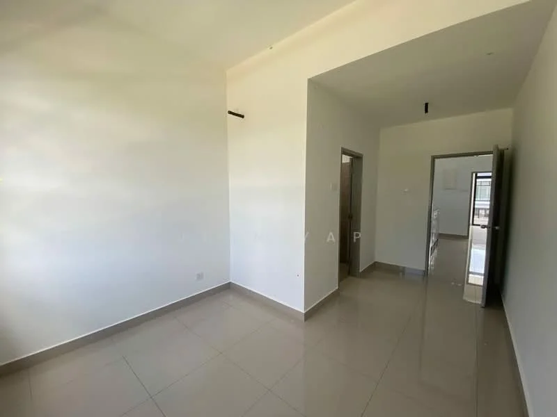 Room features: white painted walls, glossy tile flooring, doorway leading to another room, doorway leading to hallway, natural light from window, neutral color scheme; style: modern.