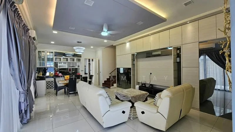 Living features: white leather 3-seater sofa, 2-seater beige sofa, coffee table with marble top, wall-mounted TV, entertainment unit, recessed downlights, ceiling fan, large windows with sheer curtains, grey accent wall, white tiled flooring, decorative wall mirror, open-plan layout to kitchen, built-in cabinetry, staircase leading to upper floor; style: modern. Kitchen features: kitchen island, stainless-steel sink, built-in oven, freestanding range oven, microwave, white cabinetry, glass-front upper cabinets, black countertop, tile backsplash, refrigerator, open shelving; style: modern.