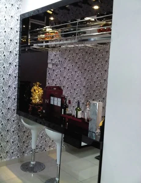 Room features: black glossy bar counter, white bar stools, decorative wall with floral pattern, glass shelving with liquor bottles, mirrored wall, ambient ceiling lighting, tile flooring, decorative gold sculpture; style: modern.