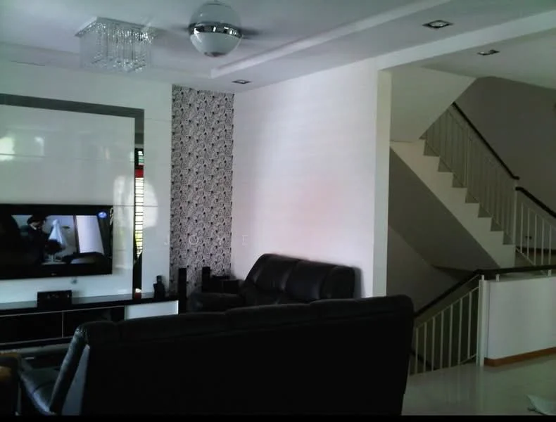 Living features: black leather sofa, coffee table, wall-mounted TV, entertainment unit, decorative wall with patterned wallpaper, white painted walls, recessed ceiling lights, chandelier, floor-to-ceiling windows, light-colored flooring, staircase with railing; style: modern.