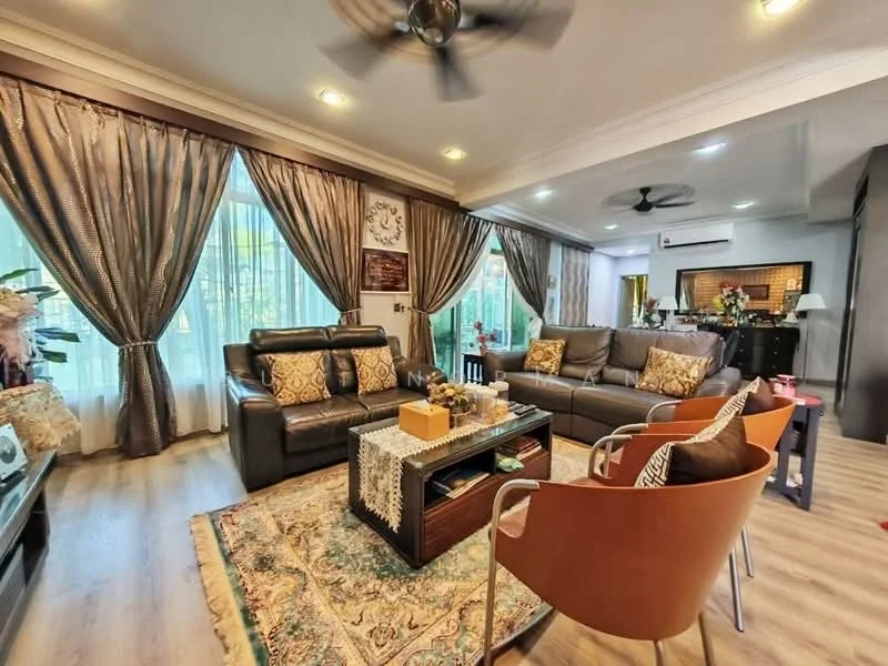Living features: 3-seater leather sofa in dark brown, 2 orange accent chairs, coffee table with decorative items, area rug with intricate pattern, floor-to-ceiling windows with sheer curtains, ceiling fan with light, recessed downlights, wood laminate flooring, decorative wall art, potted plants, TV console with wall-mounted TV, side table with lamp; style: contemporary; view: garden.