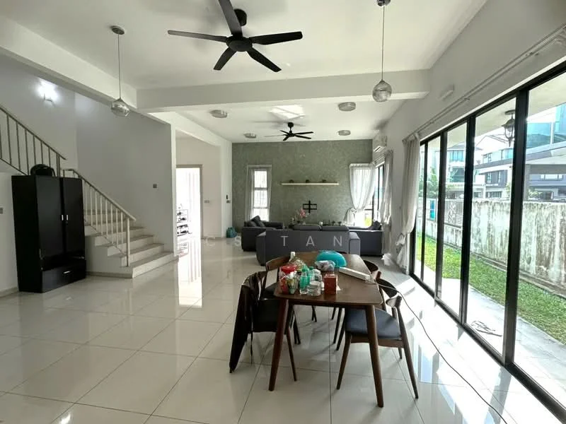 Living features: white painted walls, polished ceramic tile flooring, 5-blade ceiling fan with light, sofa in dark grey, coffee table, TV console, wall-mounted TV, large sliding glass door, curtains, decorative wall with patterned wallpaper, area rug, dining table with chairs; style: modern; view: garden. Dining features: dining table with chairs, decorative centerpieces; style: modern; view: garden.